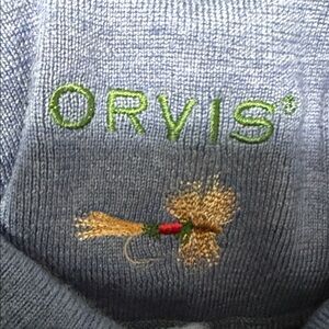 Orvis Light Blue Sweater with Embroidered Fly Design